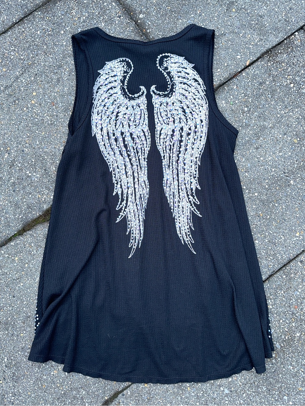 Vocal Black Embellished Rhinestone Angel Wings V-Neck Swing Tank Top Tunic L